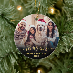 Décoration En Céramique Élégant Gold Script Famille Photo Joyeux Noël