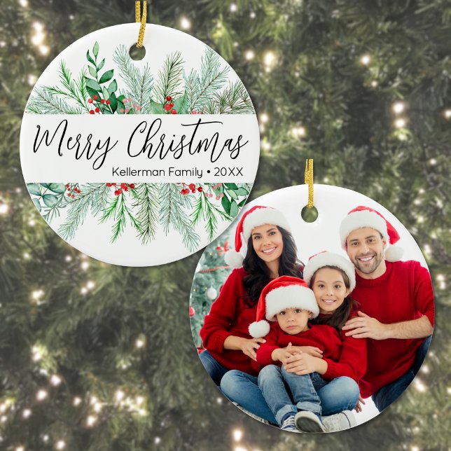 Décoration En Céramique Elegant Greenery Photo Christmas (Elegant Bontanical Greenery Photo Merry Christmas Ceramic Ornament)