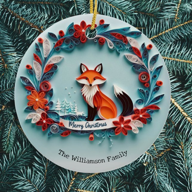 Décoration En Céramique Élégant hiver Fox Nature thème Joyeux Noël (An elegant Christmas tree ornament with picture of a red fox in winter snow with papercraft effect)