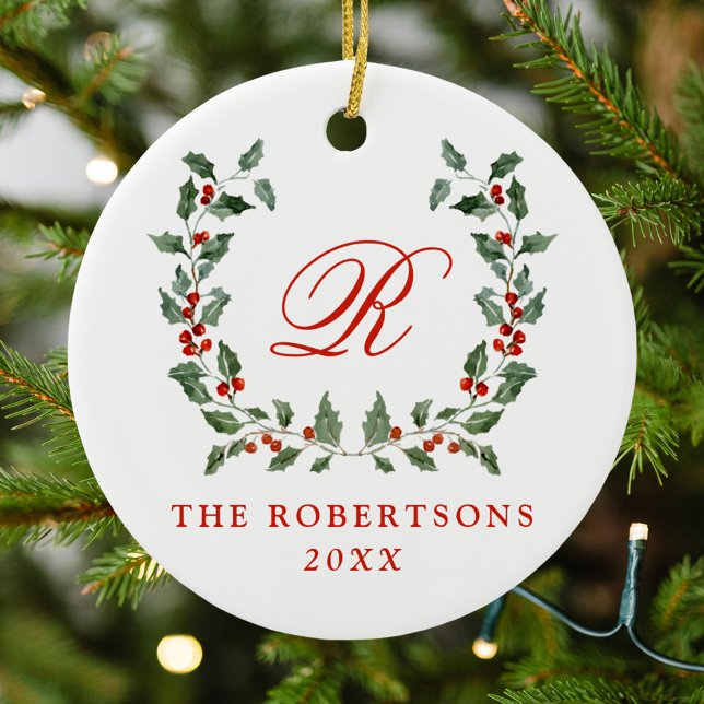 Décoration En Céramique Elegant Holly Berry Wreath Monogramme Photo (Créateur téléchargé)