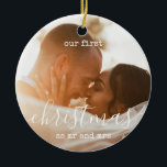 Décoration En Céramique Élégant minimum | Première photo et texte de Noël<br><div class="desc">Fêtes Personnalisées Notre premier Noël en tant que M. et Mme Mini Photo Arrondi Ornement en céramique</div>
