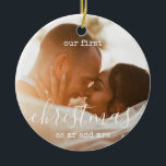 Décoration En Céramique Élégant minimum | Première photo et texte de Noël<br><div class="desc">Fêtes Personnalisées Notre premier Noël en tant que M. et Mme Mini Photo Arrondi Ornement en céramique</div>