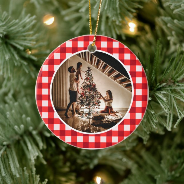 Décoration En Céramique Elegant Modern Red Plaid Christmas Family Photo (Arbre)