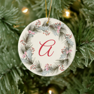 Décoration En Céramique Élégant Monogramme Noël Wreath Family Photo
