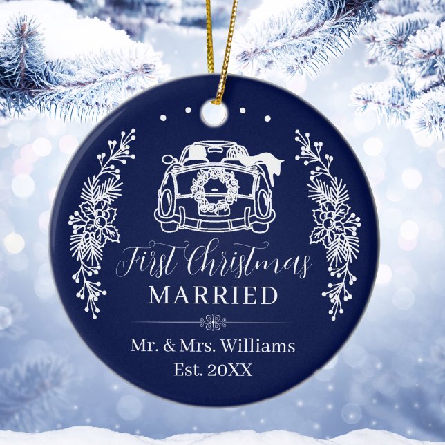 Décoration En Céramique Elegant Navy Blue First Christmas Married Car (Elegant Navy Blue First Christmas Married Car Ceramic Ornament
)