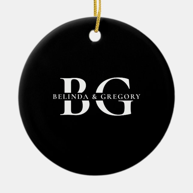 Décoration En Céramique Élégant Noir et Blanc Monogramme Initiales Mariage (Devant)