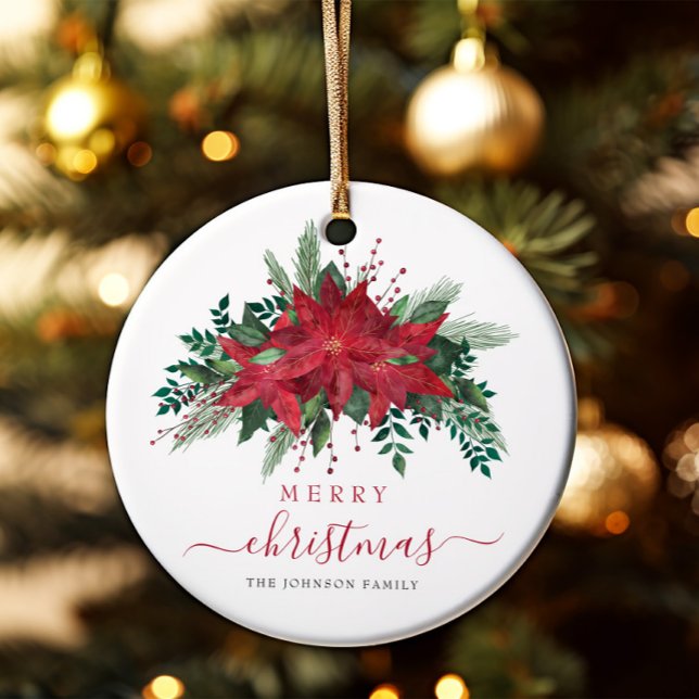 Décoration En Céramique Elégant Poinsettia Floral Joyeux Noël (Elegant Red Poinsettia Floral Merry Christmas Ceramic Ornament)