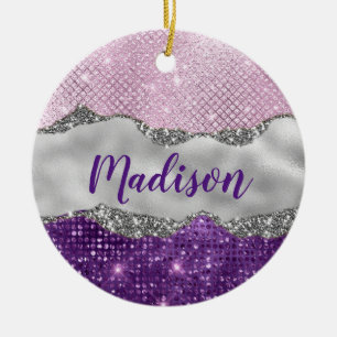 Décoration En Céramique Élégant rose violet brillance argent girly monogra
