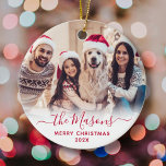 Décoration En Céramique Élégant Rouge Script Famille Photo Joyeux Noël<br><div class="desc">Élégant moderne main rouge Lettré Script "Nom de famille" Joyeux ornement photo de Noël. Il comprend une photo de famille, "nom de famille" calligraphie texte en écriture manuscrite, avec Joyeux texte de Noël et recouvert de photo de l'année (en rouge et blanc). Facile à personnaliser. Conseil photo : recadrez votre...</div>