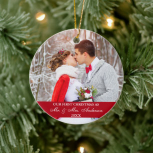 Décoration En Céramique Élégant script Notre premier rouge de Noël