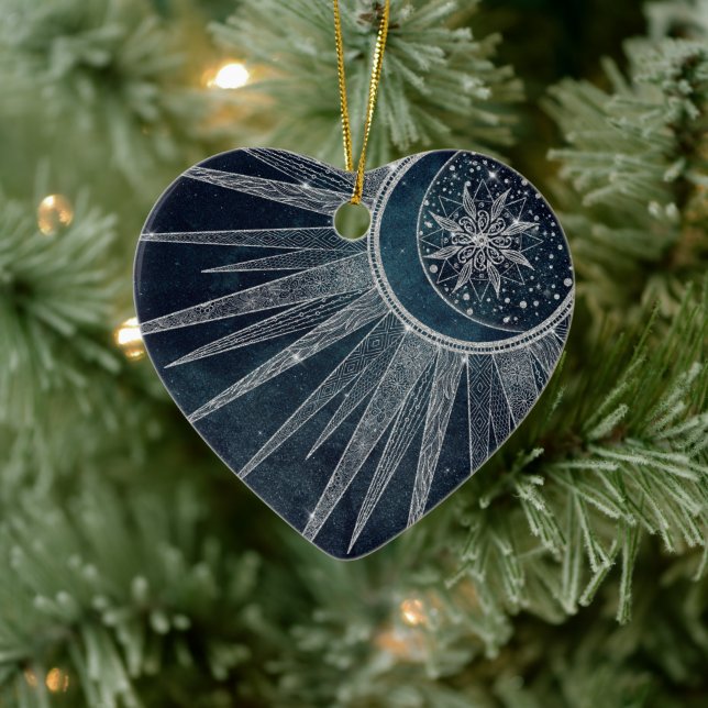 Décoration En Céramique Elégant Silver Sun Moon Doodle Mandala Blue Design (Arbre)