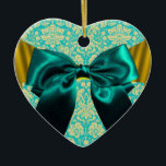 DÉCORATION EN CÉRAMIQUE ELEGANT TEAL WHITE DAMASK BLUE RIBBON MONOGRAM<br><div class="desc">Elegant heart monogram with white aqua blue damask flowers and golden yellow bows for Christmas Holiday, Valentine's Day, anniversary, wedding, save the date, romantic engagement, bridal showers.</div>