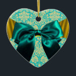 DÉCORATION EN CÉRAMIQUE ELEGANT TEAL WHITE DAMASK BLUE RIBBON MONOGRAM<br><div class="desc">Elegant heart monogram with white aqua blue damask flowers and golden yellow bows for Christmas Holiday, Valentine's Day, anniversary, wedding, save the date, romantic engagement, bridal showers.</div>