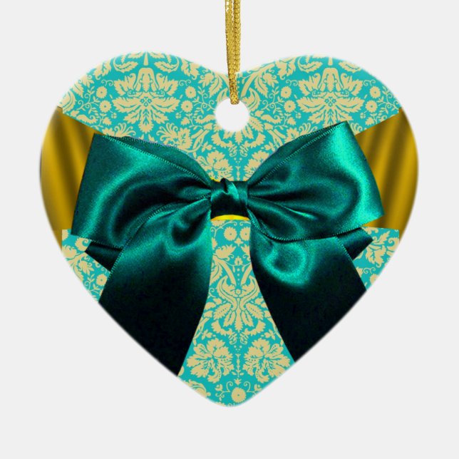 DÉCORATION EN CÉRAMIQUE ELEGANT TEAL WHITE DAMASK BLUE RIBBON MONOGRAM (Devant)