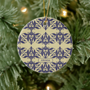 Décoration En Céramique Elégant vintage damassé marine bleu jaune monogram