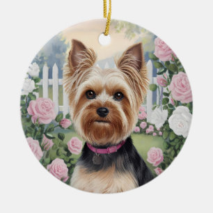 Décoration En Céramique Elégant Yorkshire Terrier Rose Jardin Peinture