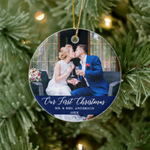 Décoration En Céramique Élégante calligraphie Notre premier Noël bleu