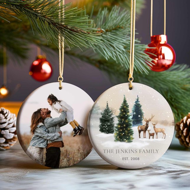 Décoration En Céramique Élégante Forêt Famille Photo Noël (Woodland Family Photo Christmas Ornament)