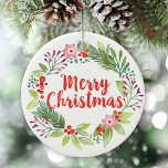 Décoration En Céramique Elégante photo de la couronne d'aquarelle de Noël<br><div class="desc">Une jolie aquarelle fleurie ornait Noël. Personnalisez-le avec votre photo de famille au dos. Conçu pour vous par Blackberry Boulevard.</div>