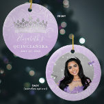 Décoration En Céramique Elégante photo Silver et lumière violette Quincean<br><div class="desc">Créez vos propres ornements photo élégants de quinceanera en utilisant une belle do-it-yourself fleurie. L'art unique et original de Raphaela Wilson présente des roses aquarellés aux teintes douces de lilas et de lavande, une couronne royale / tiara princesse, et des confettis papillon. Ajoutez un nom personnalisé et une date de...</div>