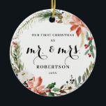 Décoration En Céramique Élégante végétation Poinsettia Premier Noël<br><div class="desc">Cet ornement de Noël élégant et personnalisable dispose d'une belle couronne à thème de vacances avec poinsettia,  fleurs blanches et verdure avec l'option d'ajouter une photo sur le dos. Pour effectuer des modifications avancées,  sélectionnez l'option "Cliquez pour customiser plus loin" sous Personnaliser ce modèle.</div>