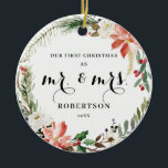 Décoration En Céramique Élégante végétation Poinsettia Premier Noël<br><div class="desc">Cet ornement de Noël élégant et personnalisable dispose d'une belle couronne à thème de vacances avec poinsettia,  fleurs blanches et verdure avec l'option d'ajouter une photo sur le dos. Pour effectuer des modifications avancées,  sélectionnez l'option "Cliquez pour customiser plus loin" sous Personnaliser ce modèle.</div>