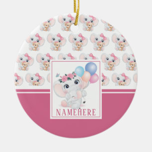 Décoration En Céramique Éléphant Rose Féminin avec Nœud et Motif de Ballon