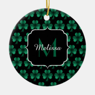 Décoration En Céramique Emerald Green Sparkle Shamrock noir Monogramme