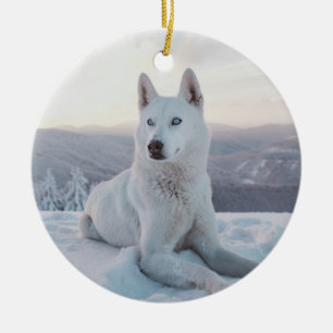 Décoration En Céramique Enchanter le Chien Husky Blanc dans la neige