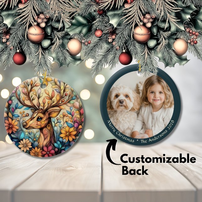 Décoration En Céramique Enchanter Reindeer Noël Céramique personnalisable (Enchanting Reindeer Christmas Customizable Ceramic Ceramic Ornament)