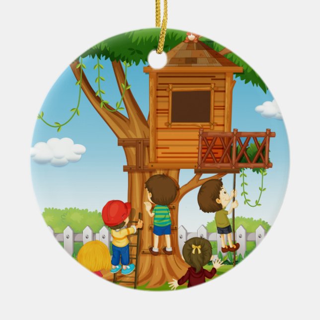 Décoration En Céramique Enfants jouant sur la cabane dans un arbre (Devant)
