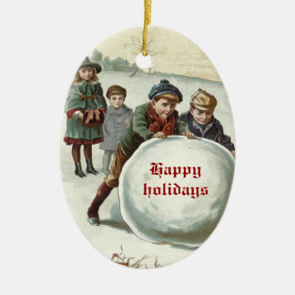 Décoration En Céramique Enfants vintages jouant en hiver