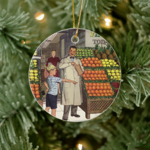 Décoration En Céramique Entreprise vintage, stand de fruits avec Grocer et
