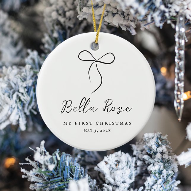 Décoration En Céramique Enveloppé d'amour noir Bow première photo de Noël (Wrapped With Love Black Bow First Christmas Photo Ceramic Ornament)