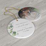 Décoration En Céramique Eucalyptus Foliage Mariage Photo Premier Noël<br><div class="desc">Eucalyptus Foliage Script Mariage ornement photo avec aquarelle succulent vert eucalyptus tige avec script gris et typographie moderne vous pouvez facilement changer. Remplacez la photo à l'envers par votre photo mariage préférée</div>