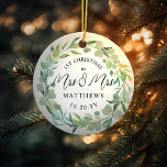 Décoration En Céramique Eucalyptus Newlyweds 1er Noël Mme & Mme<br><div class="desc">Pour Mme et Mme Lesbian Newlyweds. Customisez le texte et la couleur arrière - plan de votre événement. La couronne d'aquarelle d'Eucalyptus peut être mise à l'échelle ou retirée. Photo sur le dos.</div>