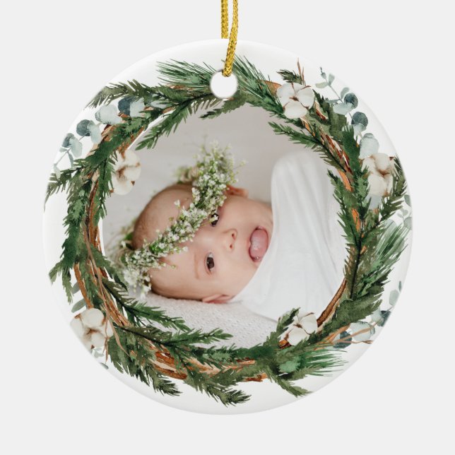 Décoration En Céramique Eucalytus et Pine Wreath Baby Photo Noël (Devant)