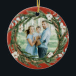 Décoration En Céramique Eucalytus rustiques et Pine Wreath Photo de Noël<br><div class="desc">C'est le moment de l'année ! Add a rustic greenery accent to your Christmas tree with this custom Christmas photo ornament. It feestwatercolor cotton, eucalyptus leaves and pine wreath on a red background. Personnalisation par adding photographies, holiday greeting, year and family signature. Feature your favourite photo with this rustic wreath...</div>