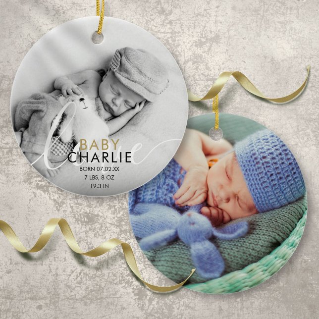 Décoration En Céramique Faire-part Gold Photo Script Baby Birth Stats (2 Photo Script Baby Birth Stats Announcement Ceramic Ornament)