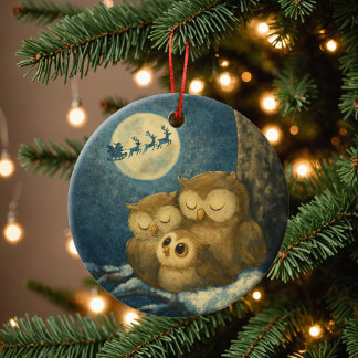 Décoration En Céramique Famille de hiboux fantaisistes la veille de Noël b