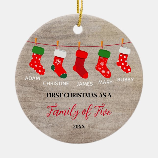 Décoration En Céramique Famille d'hiver rustique de cinq chaussettes (Devant)