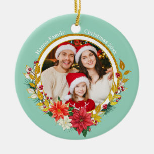 Décoration En Céramique Famille Photo & Poinsettia Joyeux Noël Cadeau