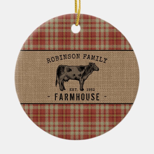 Décoration En Céramique Family Farmhouse Rustic Cow Red Plaid Burlap (Devant)