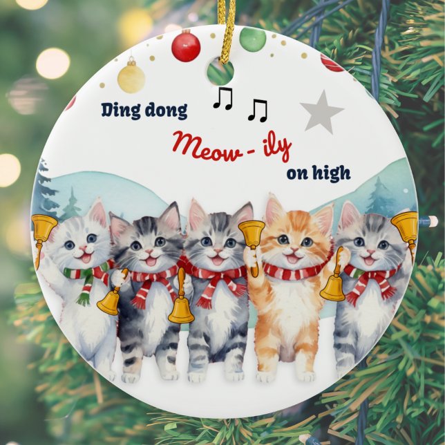 Décoration En Céramique Fantaisie Amoureux des chats Aquarelle Noël (A funny Christmas ornament with picture of cats playing handbells and pun caption)