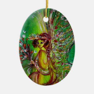 DÉCORATION EN CÉRAMIQUE FÉE DE NOËL VERTE AVEC PIERRE PRÉCIEUSE ÉMERAUDE