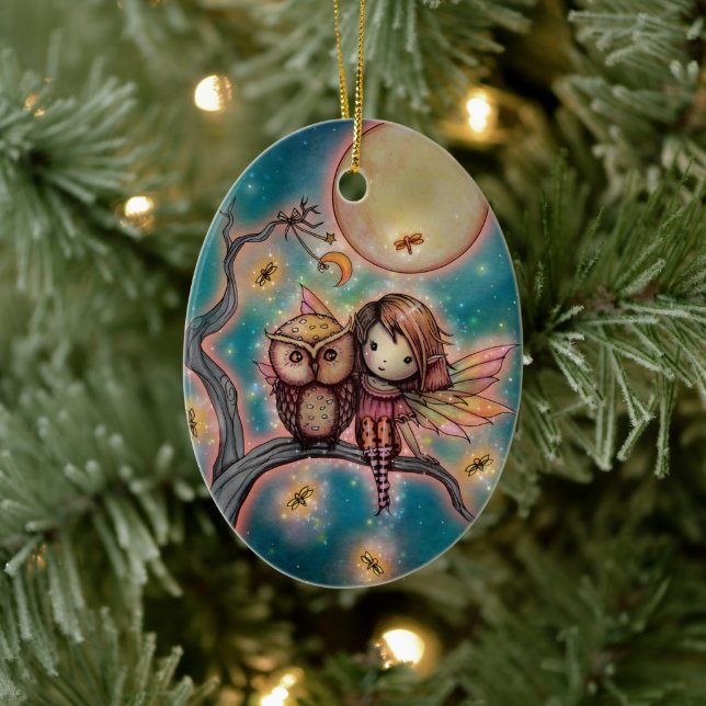 Décoration En Céramique Fée Whimsical mignonne avec hibou et lucioles (Arbre)