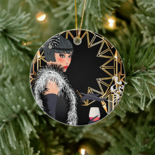 Décoration En Céramique Femme de mode rétro avec verre de vin