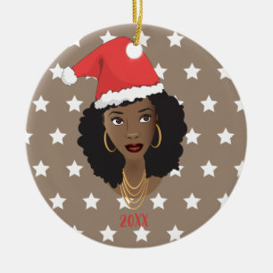 Décoration En Céramique Femme noire, Santa Hat, Motif des étoiles blanche