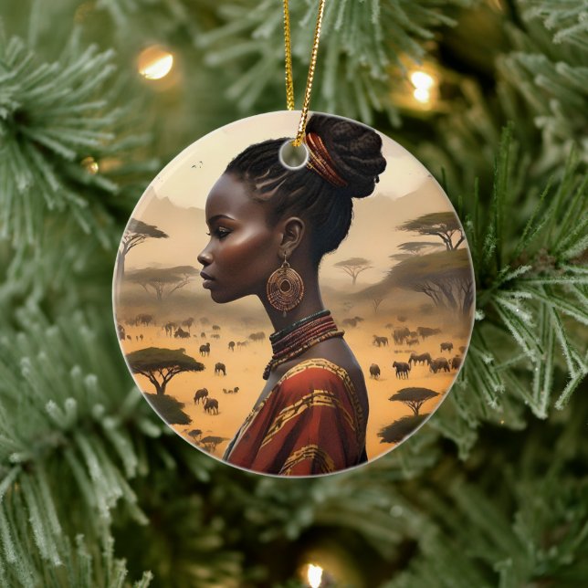 Décoration En Céramique Femme Tribale Qui Regarde Son Paysage Africain, (Arbre)