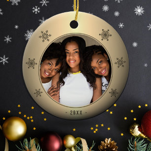 Décoration En Céramique Festif Golden Metallic Snowflake Family Photo